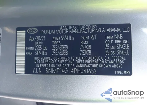 2024 Hyundai Santa Fe Se from USA, damaged, VIN 5NMP14GL4RH041652